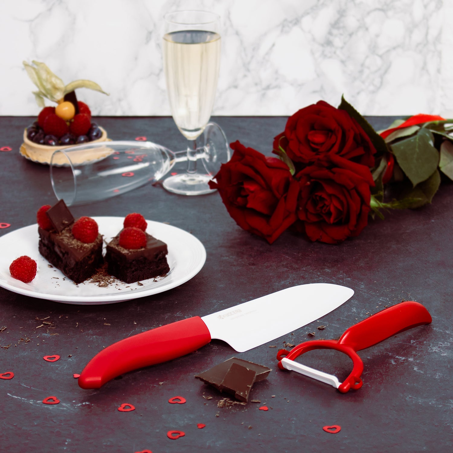 Santokumesser mit Schäler Set, rot, Klinge: 14 cm